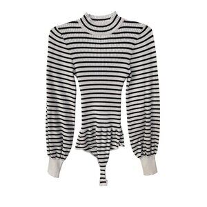 The Nines Bodysuit Size Small Striped Ribbed Knit Long Sleeve Mock Neck Cozychic